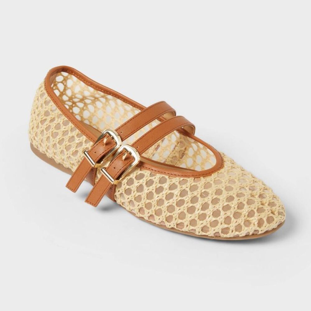 Universal Thread Beige Woven Mary Jane Flats with Tan Straps